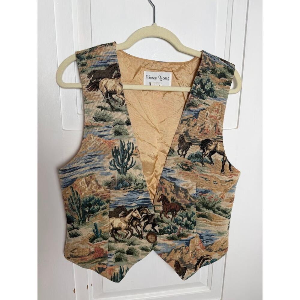 Sharon Young Horse Vest Western Boho Tapestry Cactus Sleeveless Top Womens Lrg - Picture 2 of 8